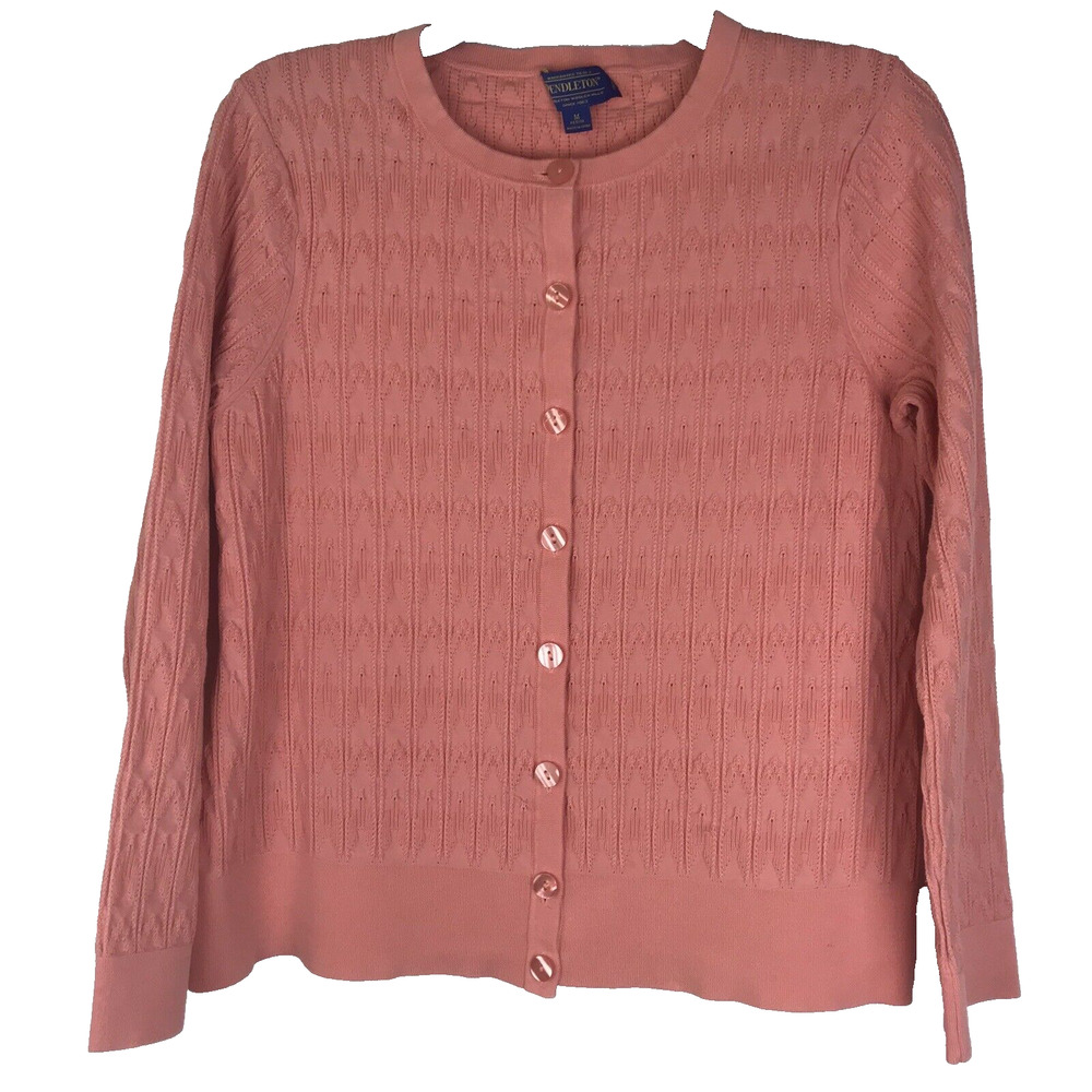 Pendleton Button Up Cardigan Sweater Pink Silk Nylon Cotton Petite Medium FLAW
